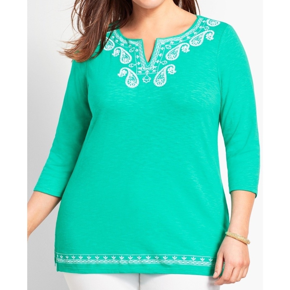 Talbots Woman Teal‎ Cotton Slub Paisley Embroidered 3/4 Sleeve Tunic Top Plus 2X